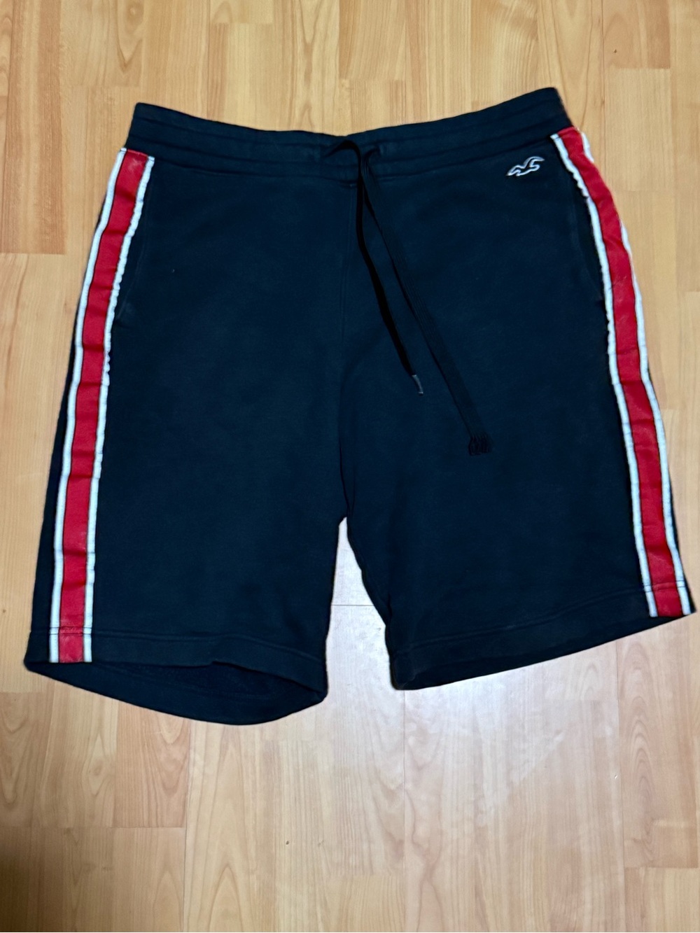 Hollister Black Men's Athletic Shorts with Red Side Stripes and White Piping